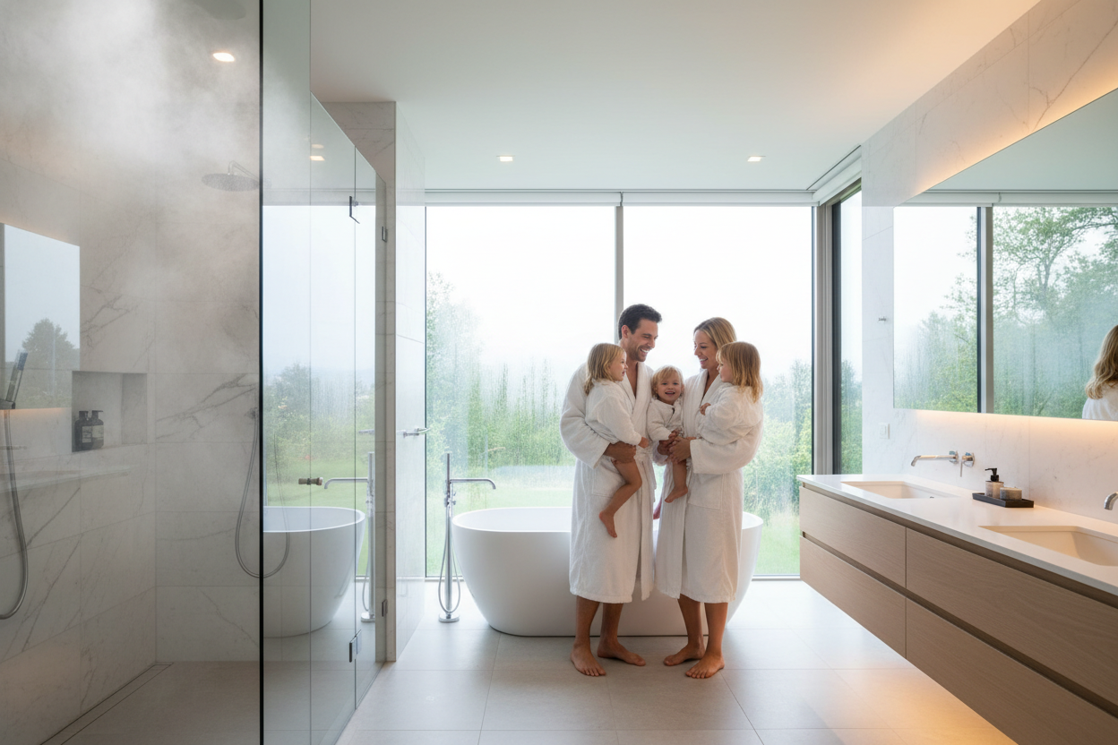 Smiling family in a spacious modern bathroom, soft steam rising from a hot shower, warm ambient lighting, clean minimalist design, bright natural daylight, relaxed and cozy atmosphere, premium home comfort, ultra-realistic, high-end residential lifestyle